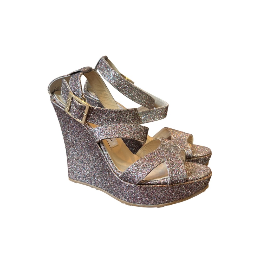 Sparkly Evening Jimmy Choo Wedge Sandals Platform Glitter 38 Multi-Color